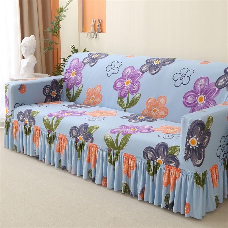 Geometric Elastic Sofa Cover with Skirt Fits Single To Four-Person Sofas Sofa Protection Cover|Elegant Home Accessory|Ruffled Edge Detail