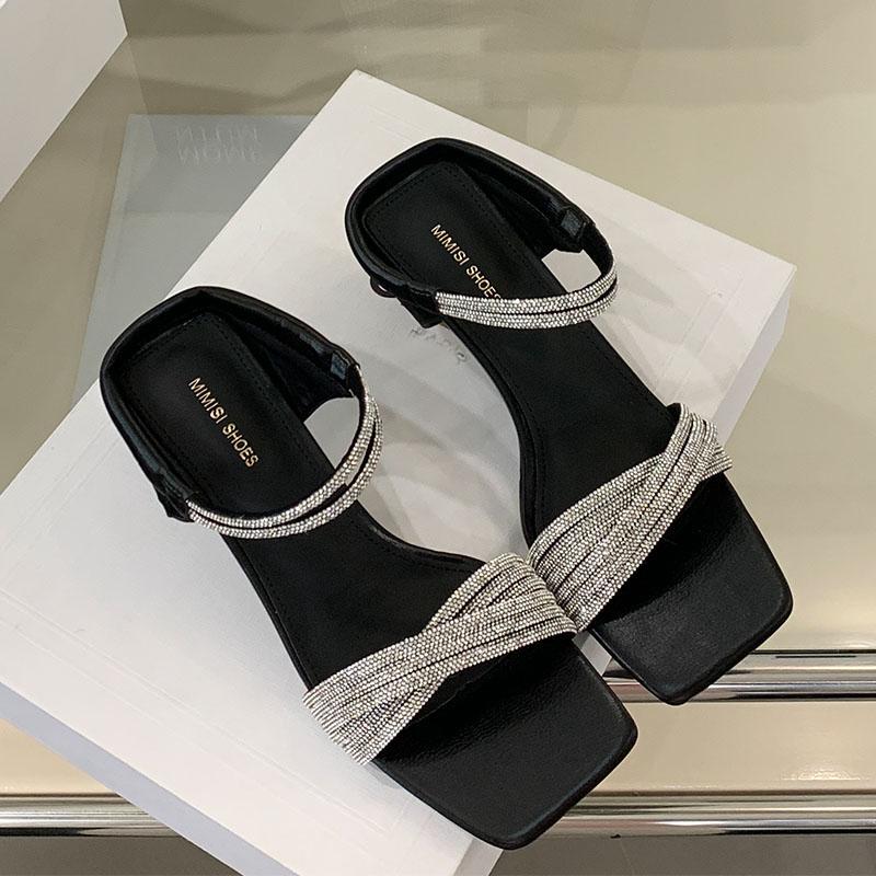 

Мода Мода Стразы Женские Каблуки Туфли-лодочки Роскошные Женские Шлепанцы Новинка 2025 Обувь Квадратный Носок Женские Босоножки на Каблуке Обувь 35 чёрный