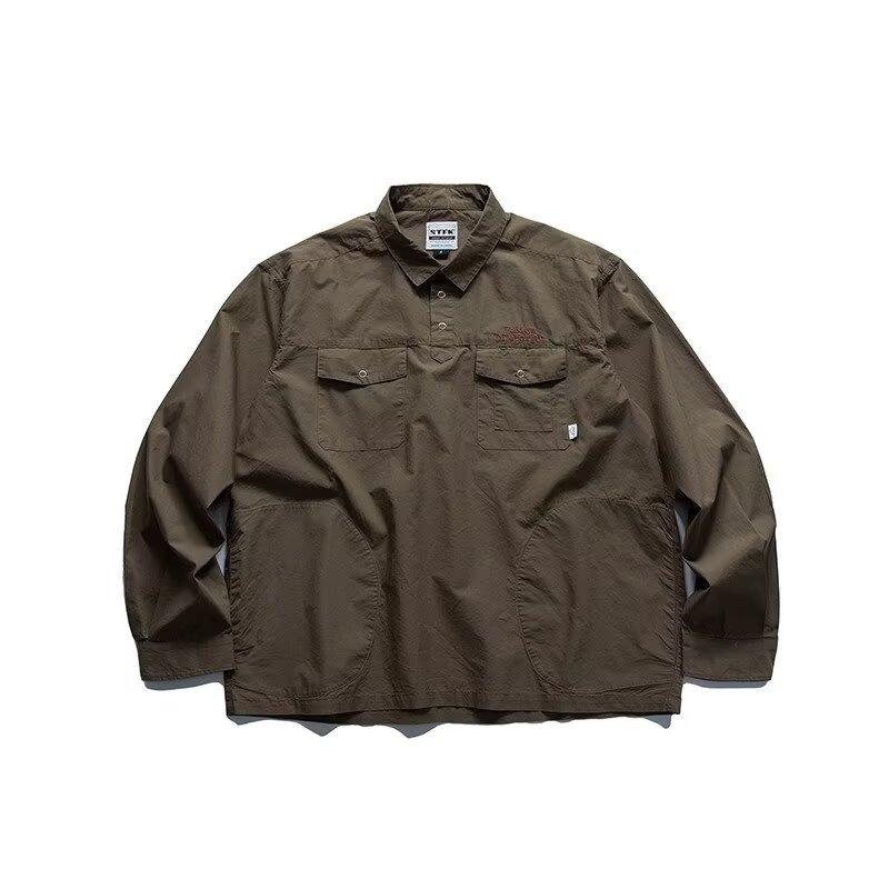 

Мужская рубашка в японском стиле с вышитыми буквами, длинными рукавами, лацканами, несколькими карманами, повседневное пальто на весну и осень 2XL армия зеленый