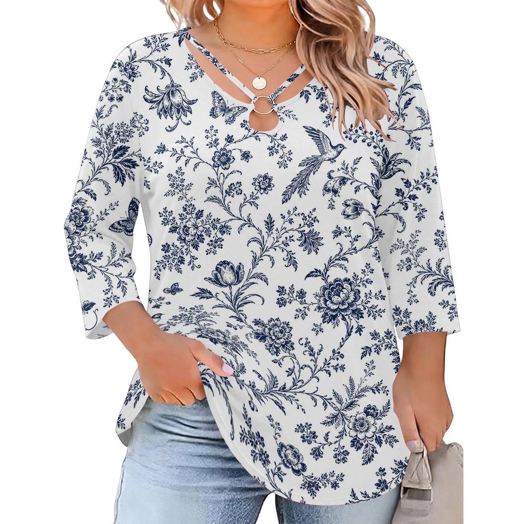 Blusa Floral Feminina Plus Size com Manga Três Quartos, Blusa Casual, Túnica de Corte Amplo para Primavera Verão, Uso Diário, Trabalho e Saídas