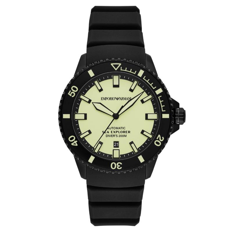 Emporio Armani Sea Explorer Automatic Black Silicone Watch AR60085 Yellow Watch Dial
