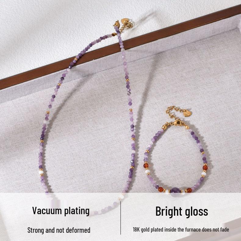 Natural Lavender Amethyst Beaded Necklace & Bracelet Set - Non-Fading, Versatile Clavicle Chain
