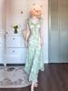2026 French Elegant Green Floral Cap Sleeve Cinched Waist Dress