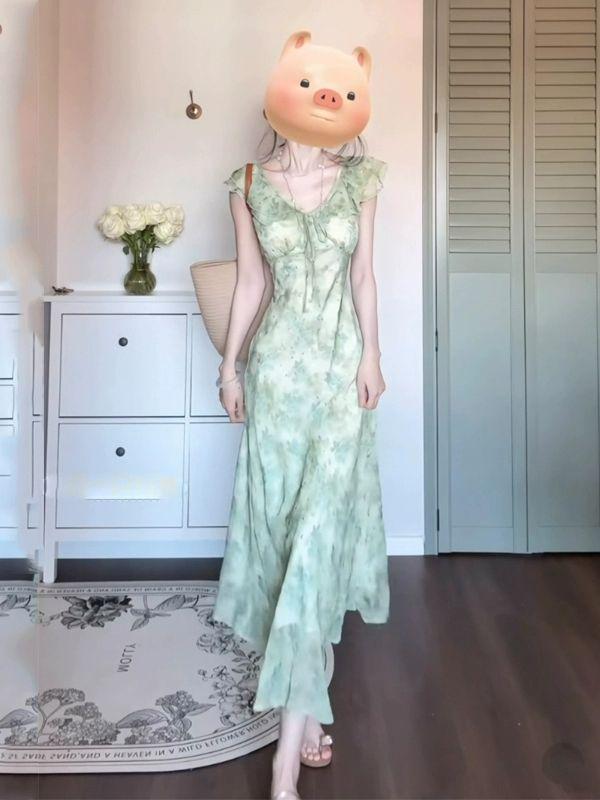 2026 French Elegant Green Floral Cap Sleeve Cinched Waist Dress