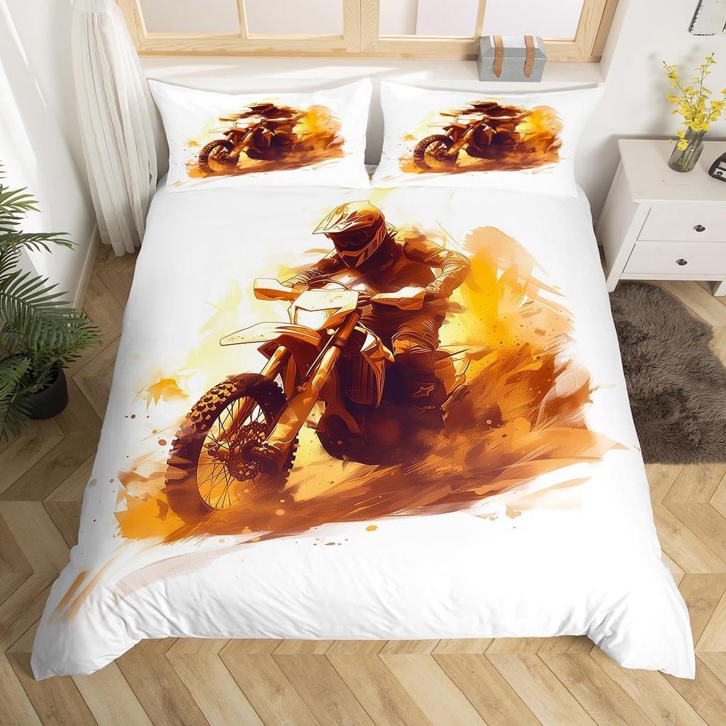 Motocross Down Duvet Cover Queen King Size Racing Bedding Set Motocross Rider Quilt Cover For Boys Teens Motorcycle Set 3 Pcs