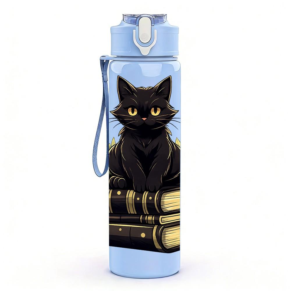 1PC Black Cat Stacked Book Art Print 750ml Color Plastic Sports Water Bottle Leakproof Flip Straw Lid Suitable for Sports Office Home Use