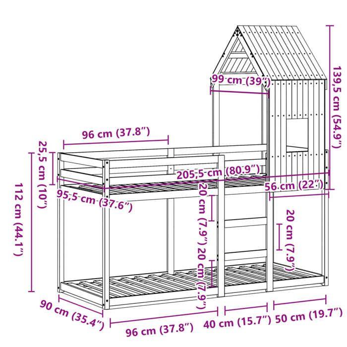 VidaXL Lit superposé avec toit 90x200 cm bois de pin massif, lit, cadre de lit, lit mezzanine, meuble de chambre, sommier, 3282000