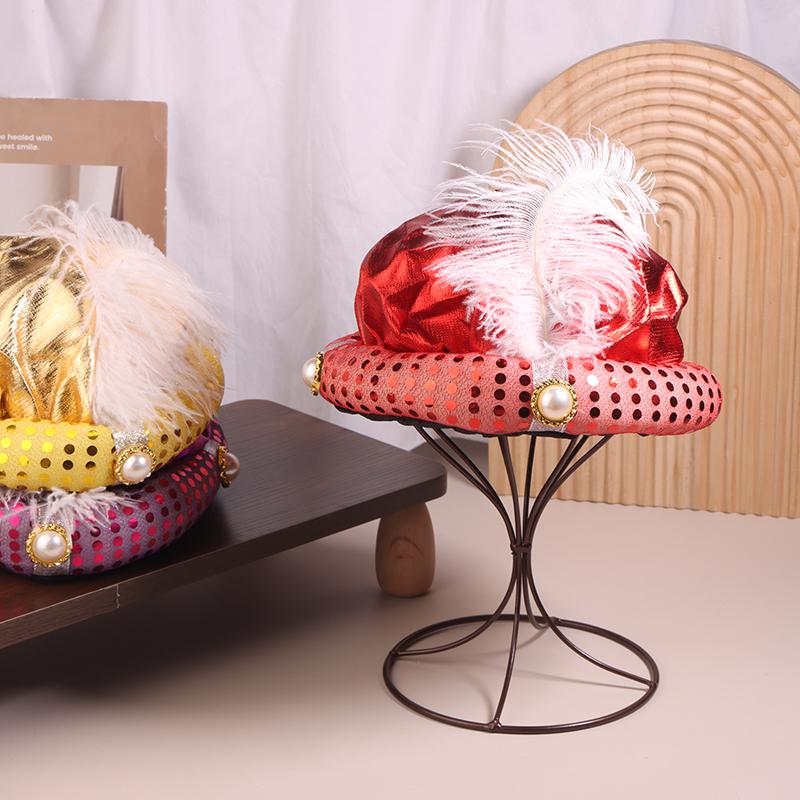Aladdin Hat Mythical Character Play Cap Men Sultan Headwear Ethnic Style Feather Costume