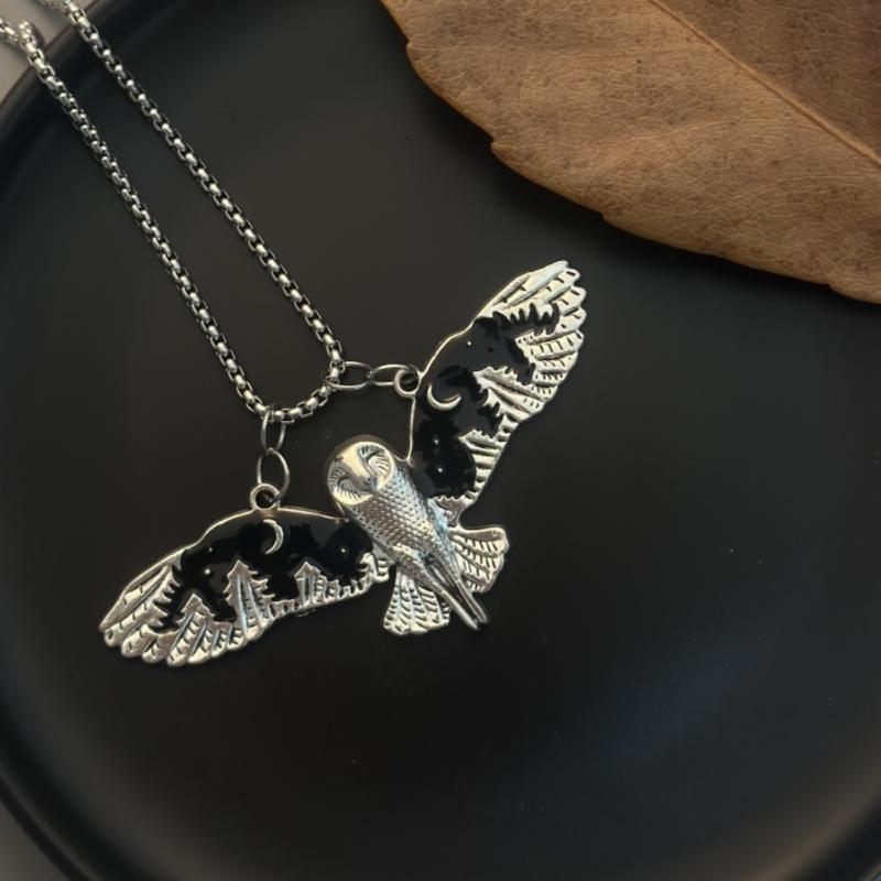 

Fashion Halloween Owl Stainless Steel Necklace Pendant Street Trend DIY Vintage Carved Moon Forest Sweater Chain Couple Jewelry 70cm