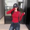 American Cinched Waist Long Sleeve T-shirt, Korean Style, High Stretch, Round Neck, Hot Girl Fashion for Autumn and Summer.
