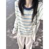 French gentle wind color matching striped knitted sweater women's autumn new loose temperament long-sleeved crew neck top