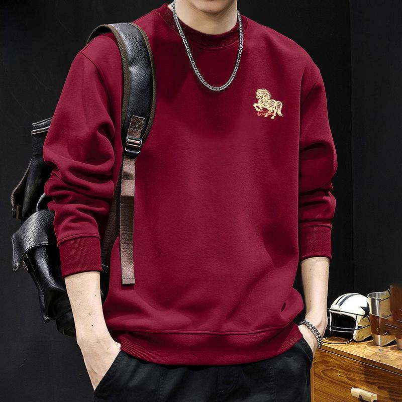 Guochao Men's Oversize Black Hoodie with Round Neck - Warm, Thick, Plus Size for Spring and Autumn.