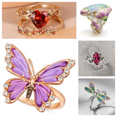Bague Papillon Peinte Goutte d'Huile Haut de Gamme Mode Femme Style Étranger Sertie de Diamants Bague Haut de Gamme