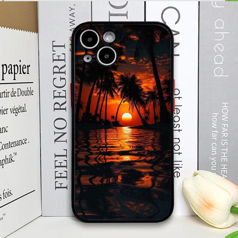 Creative Sunset Beach Wave Coconut Palm Landscape Phone Case for iPhone 17 16 Pro Max 15 14 13 12 11 Mini X 7 8 Plus Hard Cover