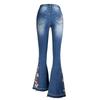 Women's Mid Rise Flare Jeans Loose Fit Streetwear Denim Trousers with Heavy Floral Embroidery Dark Wash Cotton Fabric
