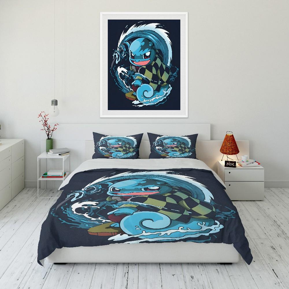 Gift for Anime Fans Pokemon Squirtle Printed Bedding Set 3PC Duvet Cover Adult Kids Gift Full Size Bedding Set Home Bed Decor