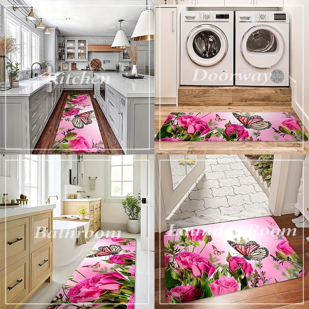 1Pcs Butterfly Flying On The Pink Rose Kitchen Rug Anti-Fatigue Kitchen Rug Waterproof Non-Slip Rugs Set Runner Rug Bedside Rug Absorbent Carpet
