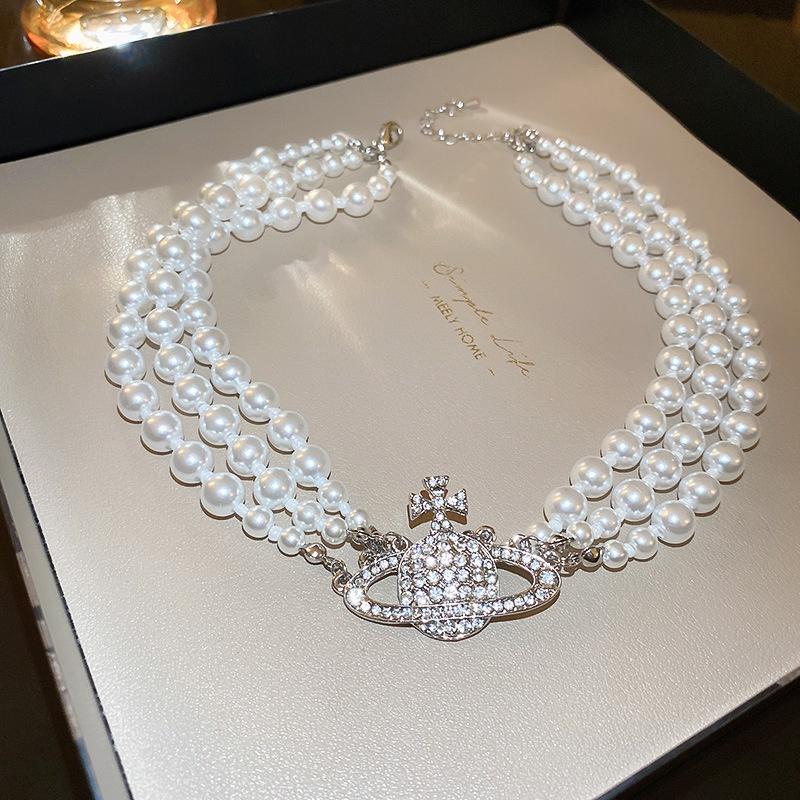 Saturn Luxurious Alloy Planet Orb Faux Diamond Pearl Women Choker Necklace