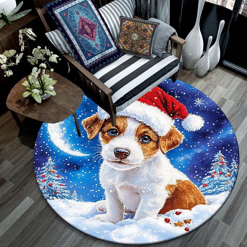 Christmas Puppy Round Area Rug,Carpet Rug for Living Room Bedroom Sofa Playroom Decor,Non-slip Floor Mat