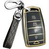SANRILY Golden-Edge 4 Button Key Fob Cover Fit for Genesis G70, G80, G90 2017-2020 Keyless Full Coverd Smart Key Case with Leather Keychain Black