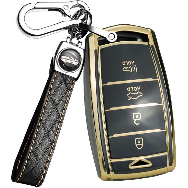 SANRILY Golden-Edge 4 Button Key Fob Cover Fit for Genesis G70, G80, G90 2017-2020 Keyless Full Coverd Smart Key Case with Leather Keychain Black