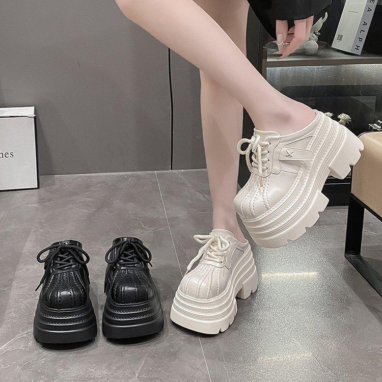 European big head lace-up muffin thick-soled bag head half slippers women's small leather shoes are versatile and increase in height