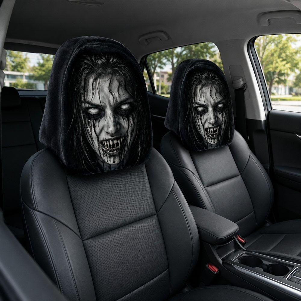2Pcs Black Car Seat Cover Scary Face Printing Car Headrest Protector Car Headrest Cover Halloween