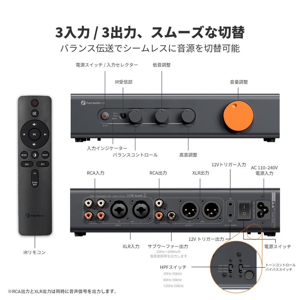 Fosi Audio ZP3 Balanced Preamplifier with 2 RCA Inputs and 1 XLR Input, RCA/XLR Output, Subwoofer Output, for 2-Channel Stereo and 2.1 Systems, Home A