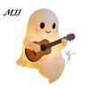 Literary Reading Ghost Decor Halloween Figurine with LED Light, Resin Witch Hat Statue Spooky Cute Room Accessories Guitar/Book, Luminous Sculpture