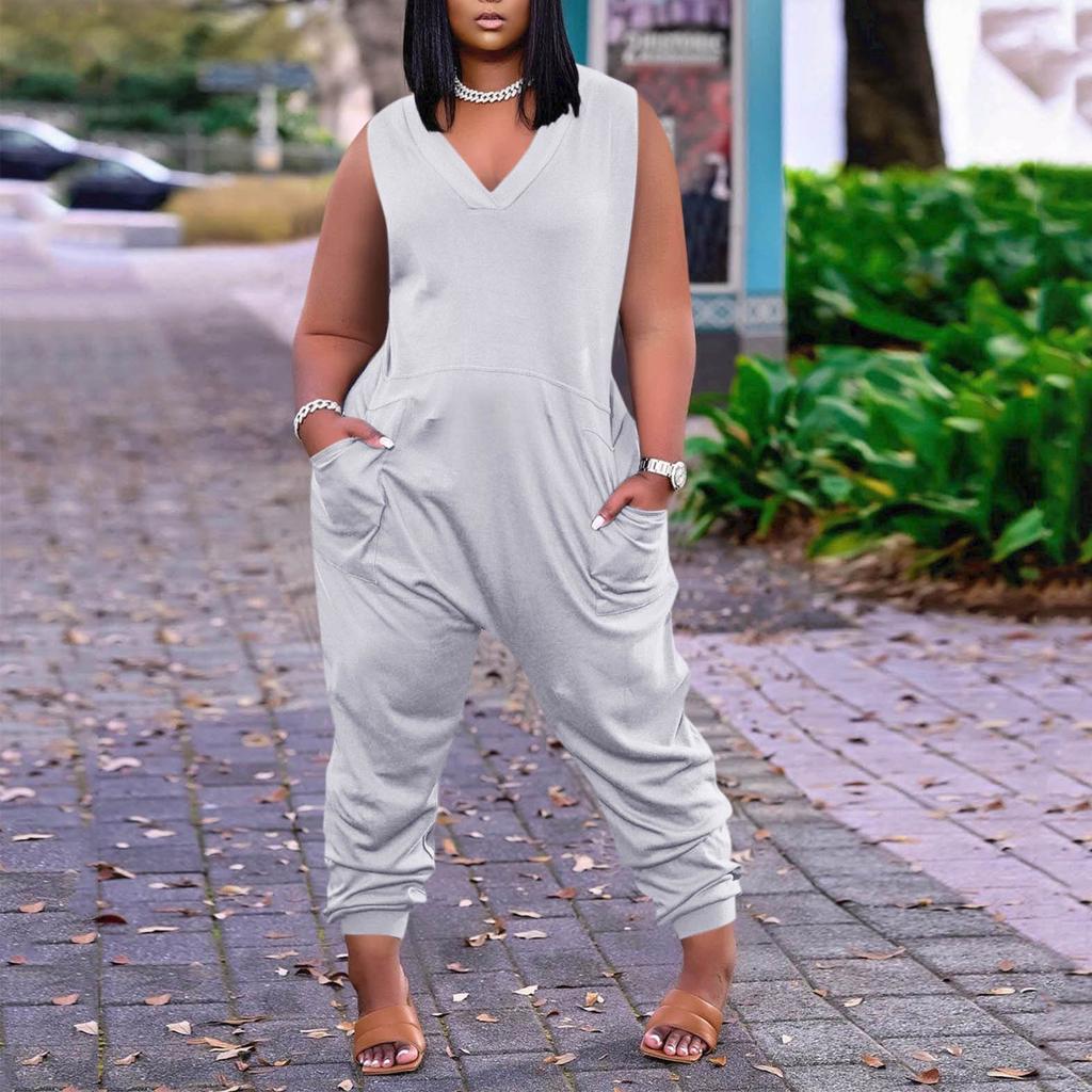 Women's Casual Color Sleeveless Plus Size Jumpsuit With Pockets