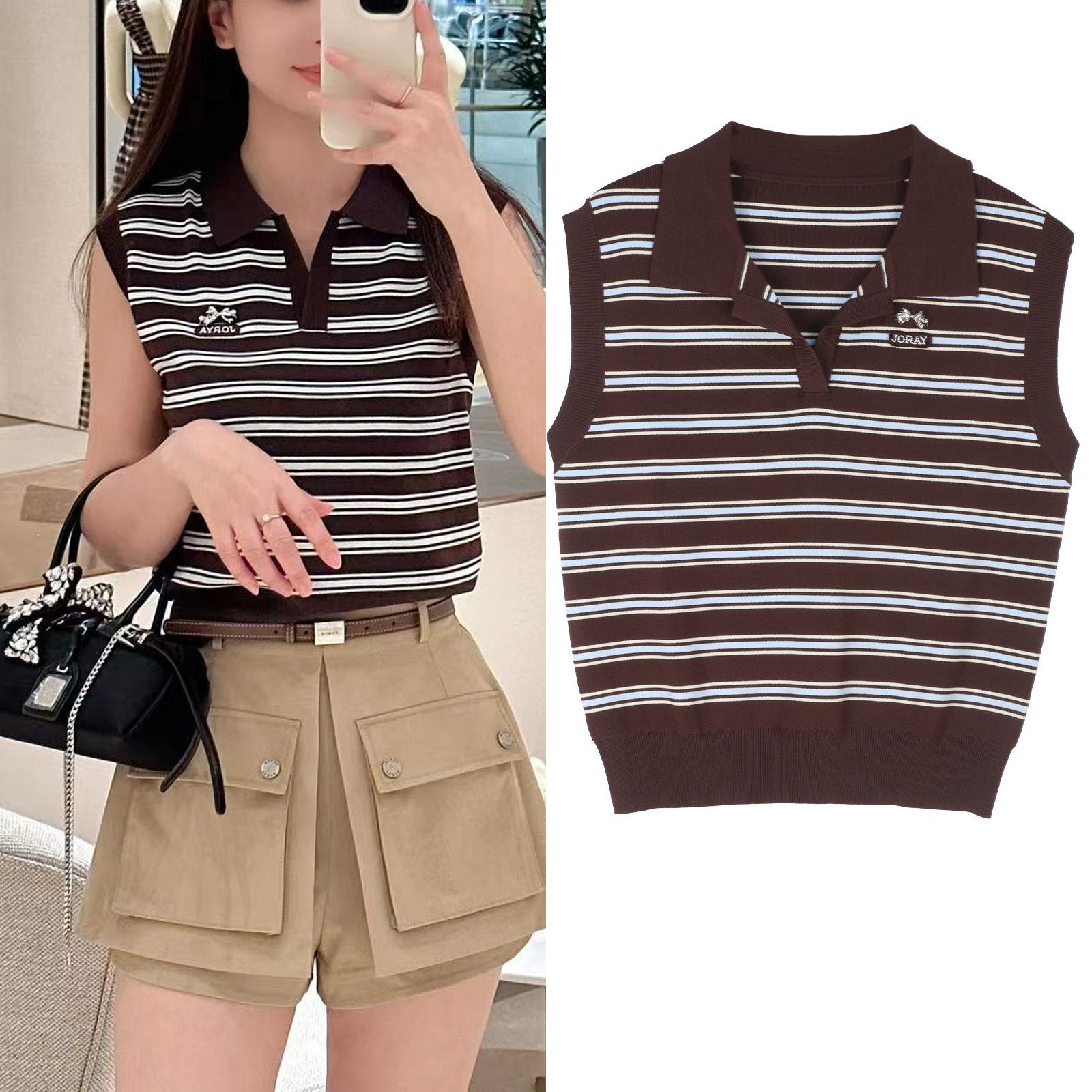 

Spring/Summer Women s Striped Knit Top with Letter Logo and French Lapel Large