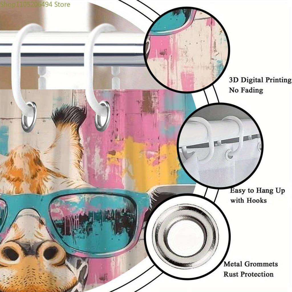 One Elegant Giraffe with Fashion Glasses and Tongue Out Bathroom Shower Curtain, with 12 Hooks, Quick Dry and Machine Washable