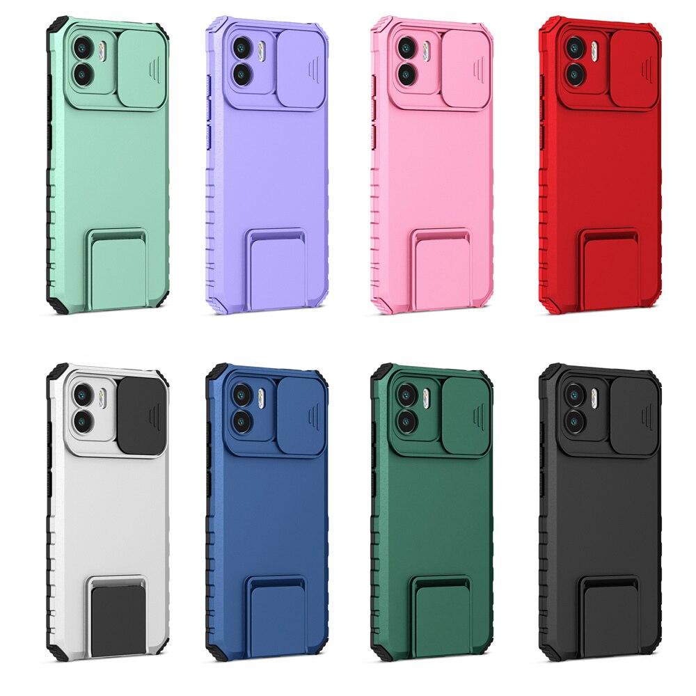 KEYSION Shockproof Case for Xiaomi Redmi A1 10C 10A Push Pull Camera Protection Live Stand Phone Cover for Redmi Note 9 Pro 9S
