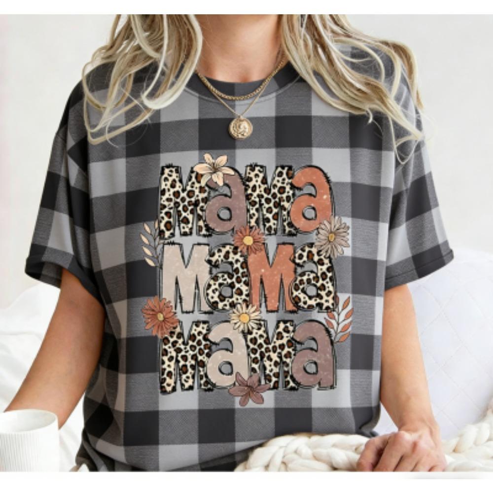 Fashion Funny Flower Leopard Mama Letter Print Women's Short Sleeves T-Shirt Loose Casual Summer Outdoor Street Women's Tees Tops