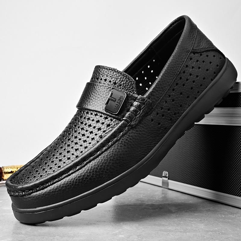 Summer breathable punched men's leather shoes men's genuine leather foot cover men's shoes business round head casual soft leather soft sole Doudou sh
