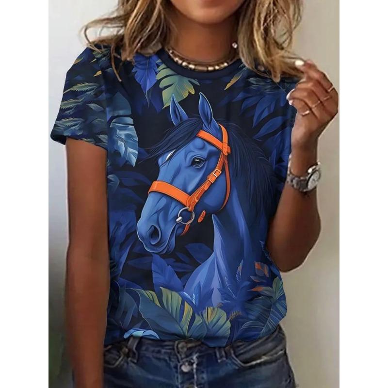 Haut décontracté à manches courtes et col rond avec imprimé animal cheval pour femme