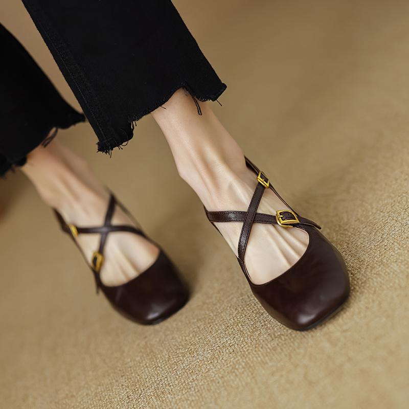 Fashion 2025 New Spring/Autumn Women Pumps Genuine Leather Shoes for Women Squared Toe Chunky Heel Shoes High Heel Mary Janes Shoes