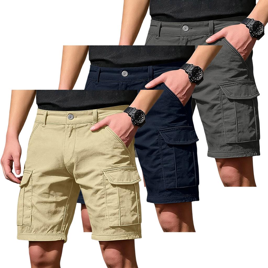 Men's Cargo Shorts 3-Pack with 6 Pockets, Button and Elastic Waist