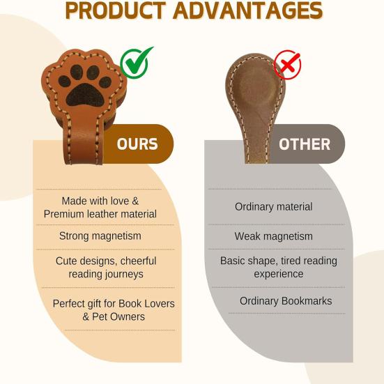 3 Pcs Magnetic Faux Leather Bookmark Cute Cat Face/Paw Shape Strong Magnet Page Clips Reading Accessory for Book Lovers Teachers Students Reader