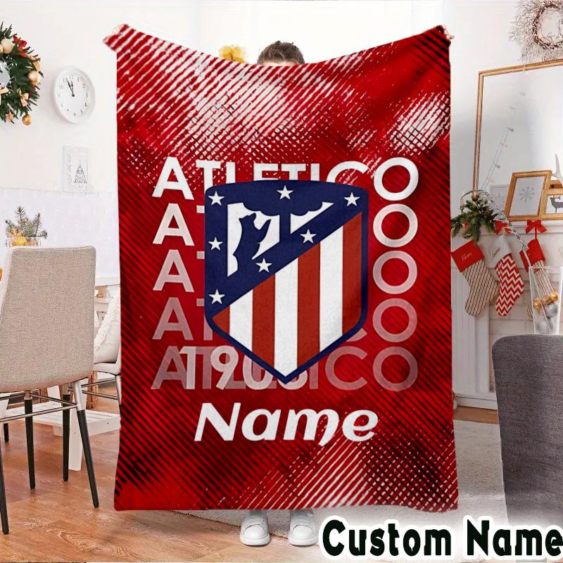 Custom Name Atletico Madrid Crest Throws Blanket Flannel Blankets for Couch Bed Gifts for Men Women Picnic blanket Christmas fan gifts