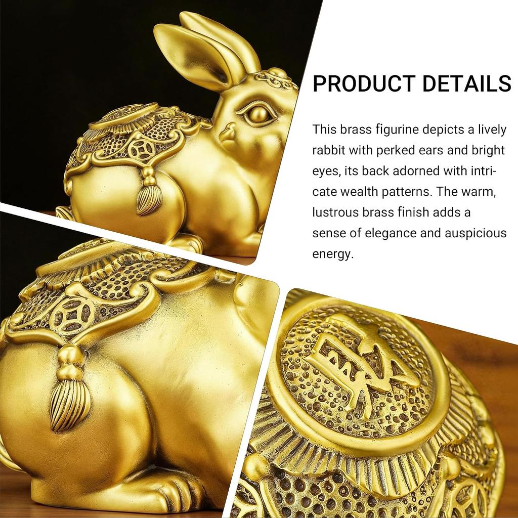 Aris & Juno Brass Wealth Rabbit Figurine – Chinese Feng Shui Prosperity, Protection & Good Fortune Symbol for Entryway, Office Desk or Home Decor,