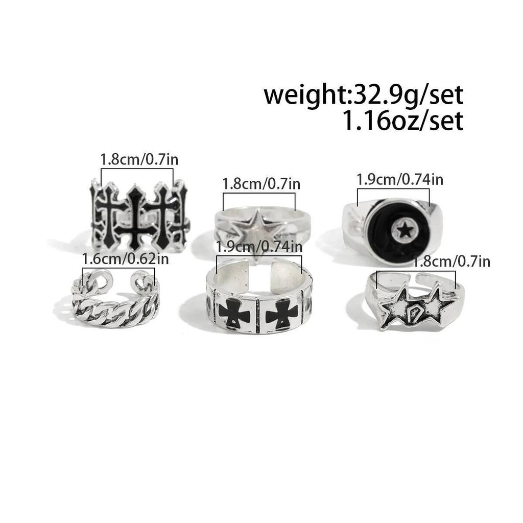 Ingemark 6 Pcs/Set Punk Hip Hop Irregular Star Cross Adjustable Rings Men Creative Silver Color Open Finger Rings Street Jewely