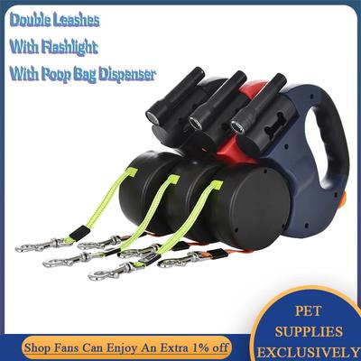 3M Dog Leash with Poop Bag Dispenser Double Leashes with Flashlight Retractable Nylon Rope Puppy Walking Running Lead Roulette