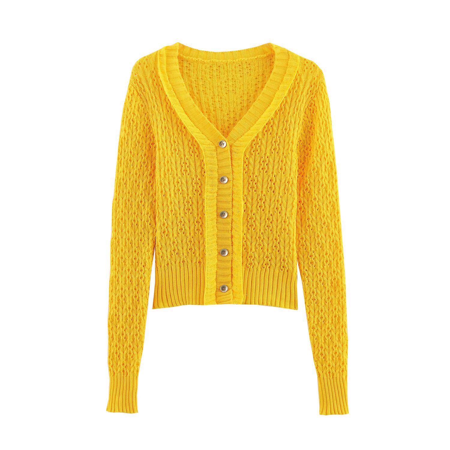 

2025 Весна Женский Европейский и Американский Модный Приталенный Повседневный Вязаный Кардиган S жёлтый