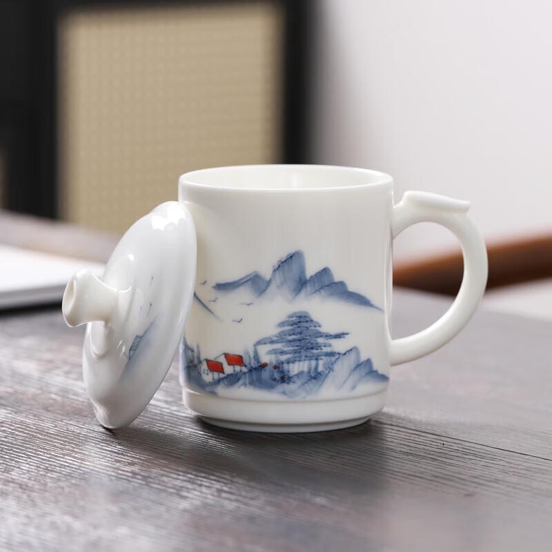 Sushi Hand-painted Mutton Fat Jade Ceramic Mug with Lid