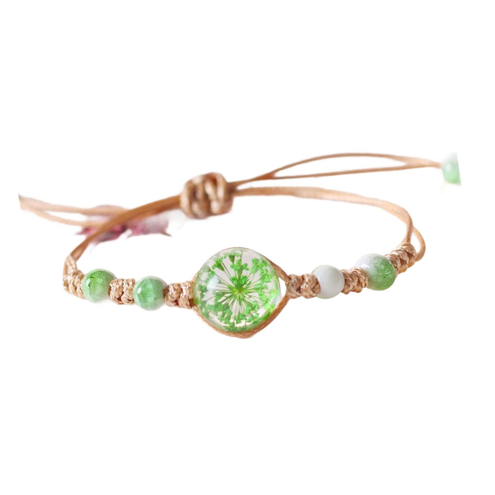 

Браслет ручной работы плетеный керамический стеклянный бусина-цветок и регулируемый вощеный шнур ручная цепочка аксессуар для запястья для женщин зелёный