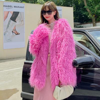 European and American Fur Imitation Beach Wool Medium and Long V-neck Loose Wool Lamb Wool Coat
