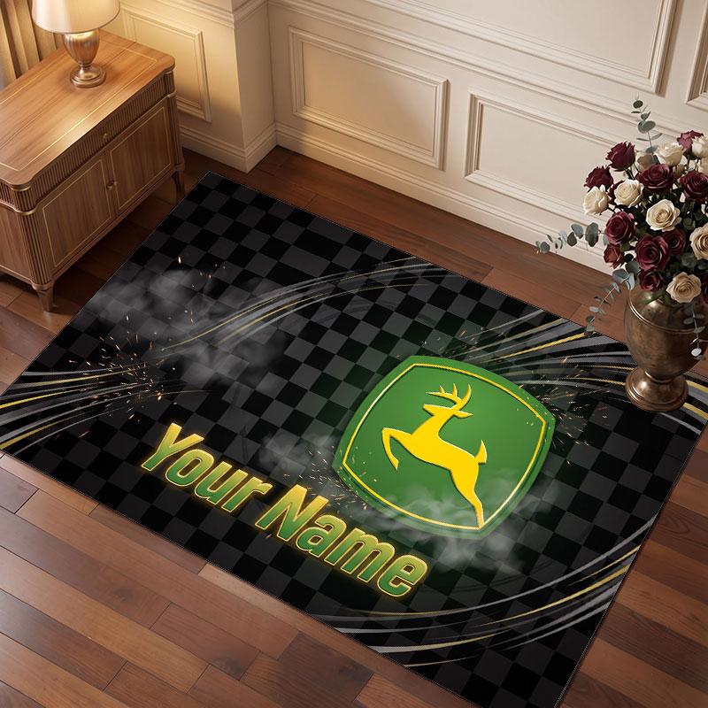 John Deere Personalisierter Kristall-Samt-Teppich, Benutzerdefinierter Namens-Text Weicher Anti-Rutsch-Teppich für Wohnzimmer Schlafzimmer