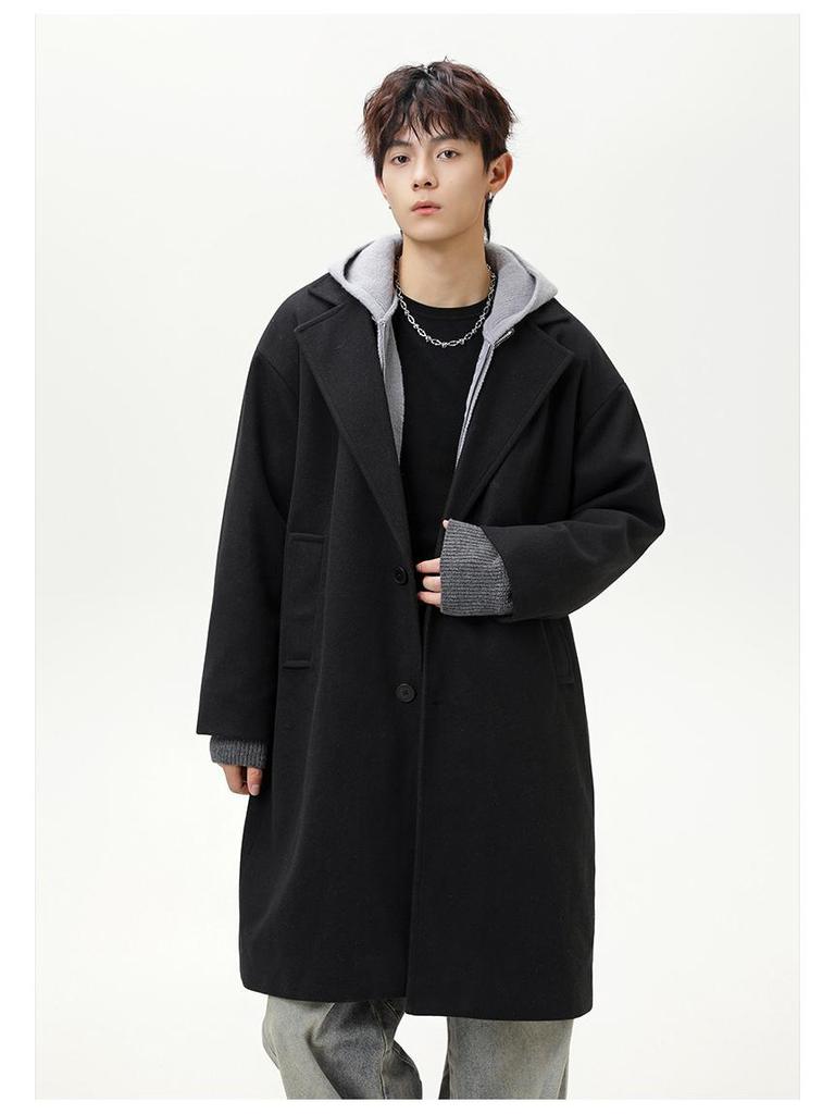 Men's Mid-Length Wool Coat - Dragon & Phoenix Design, Autumn/Winter Korean Style, Thick Windbreaker, Loose Fit, Trendy Brand Lapel Jacket.