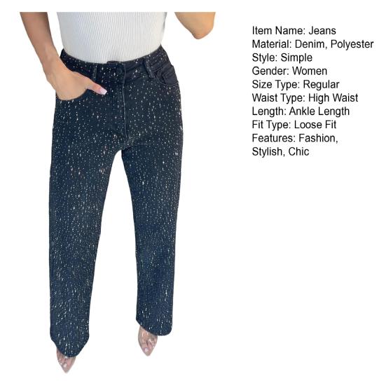 Faux Pearl Jeans for Women High Waist Straight Leg Stretch Denim Pants Casual Wide Leg Beaded Baggy Pants